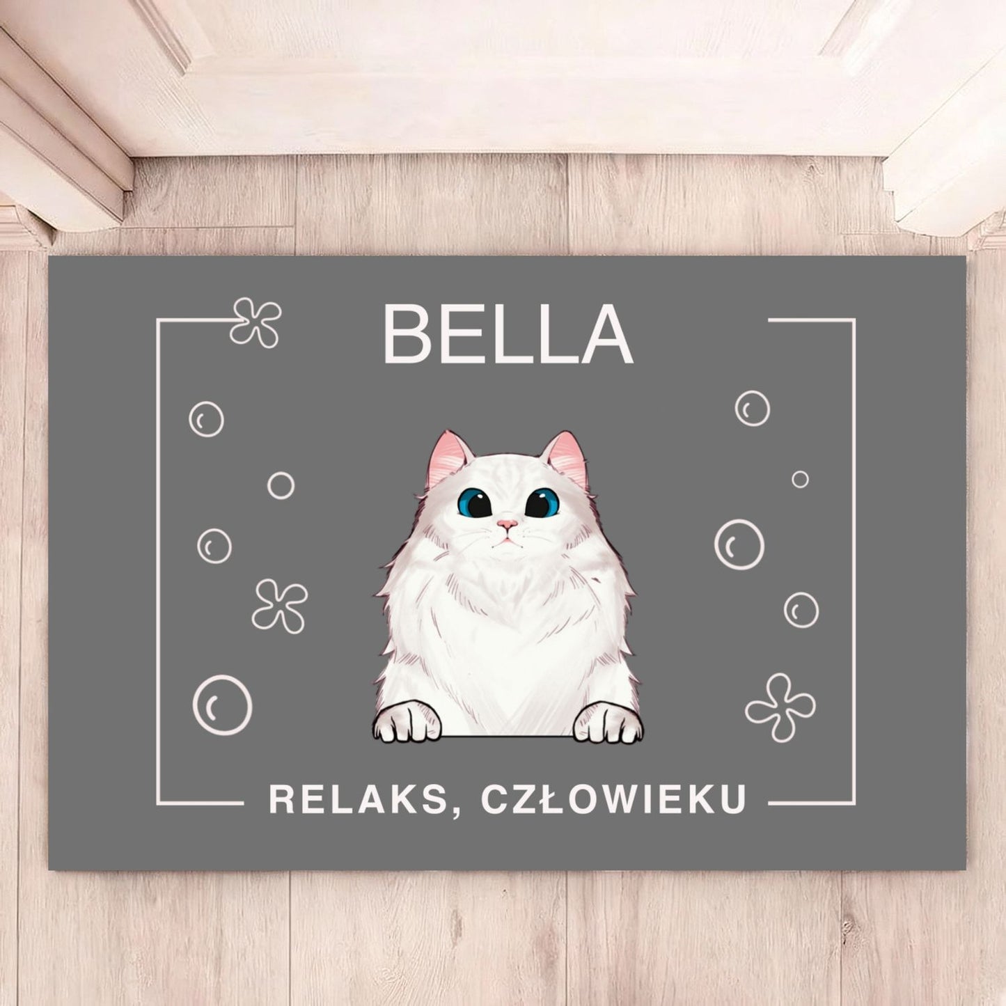 Dywanik łazienkowy z kotem i imieniem 🐾 Personalizowana mata „Relaks, człowieku” – prezent dla właściciela pupila