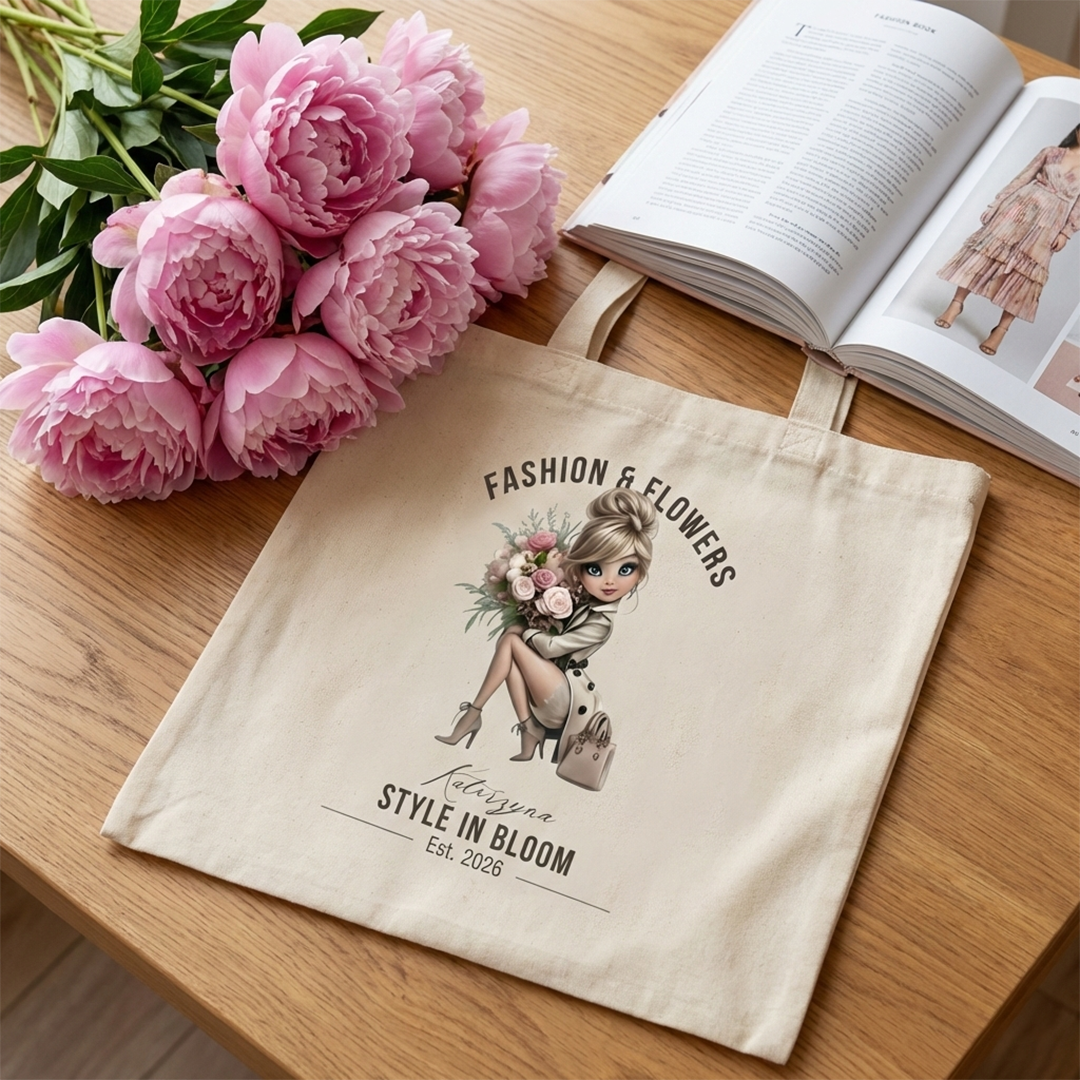 Personalizowana Torba "Fashion & Flowers" – Twoje Imię, Stylowa Eko Shopperka z Grafiką, Prezent dla Miłośniczki Mody