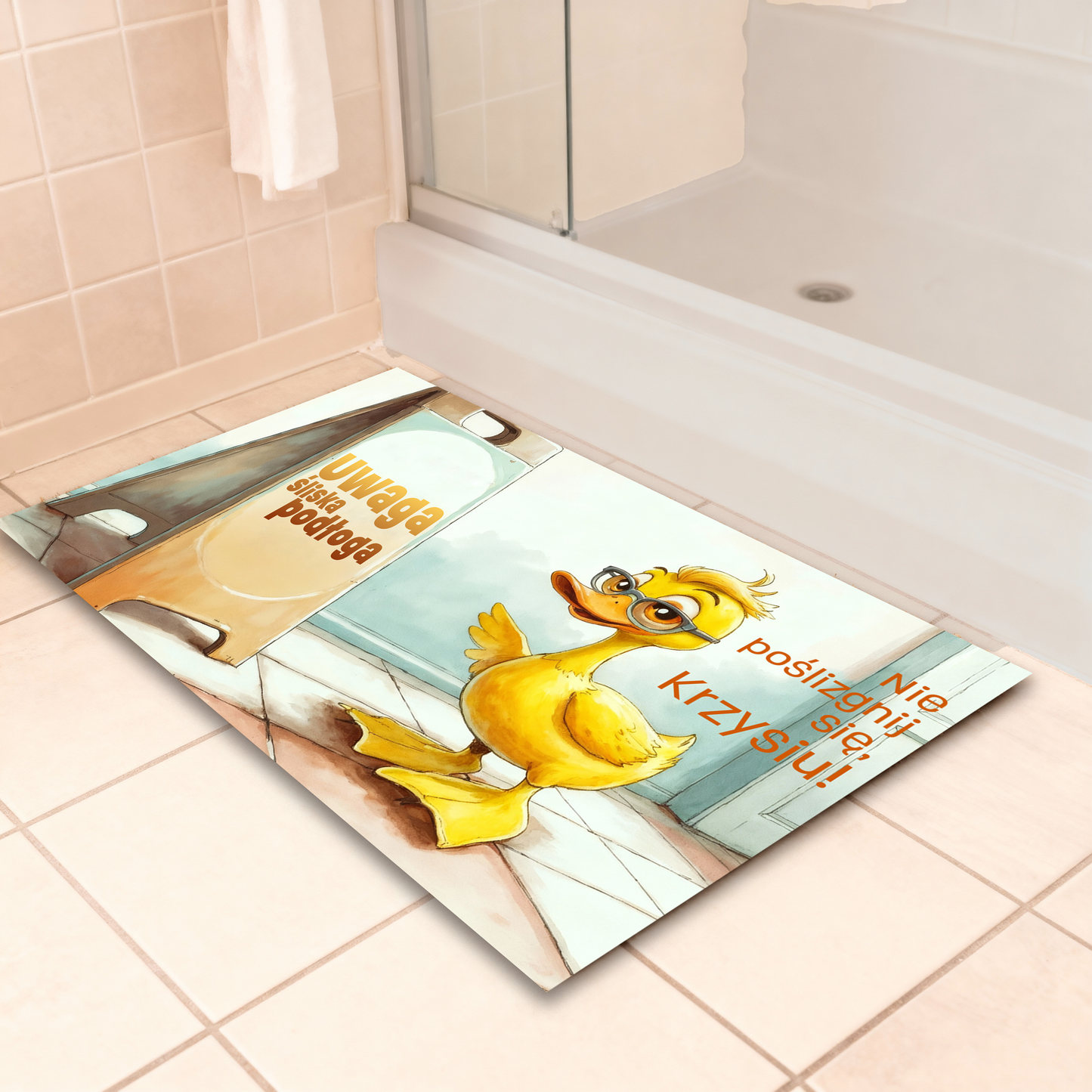 Personalizowany dywanik łazienkowy 🐥 „Uwaga śliska podłoga!” – śmieszna mata z kaczuszką i imieniem, prezent dla dzieci i domowników