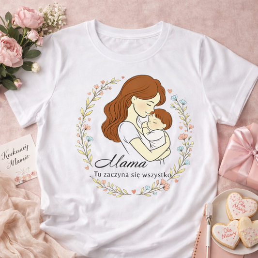 Personalizowana koszulka dla Mamy „Mama – Tu zaczyna się wszystko” z imieniem – prezent na Dzień Matki