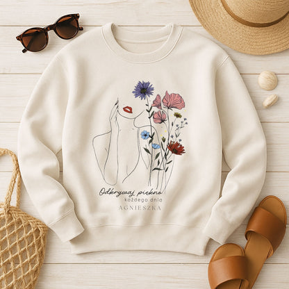 Personalizowana Bluza "Odkrywaj Piękno" – Twoje Imię, Estetyczny Line Art z Kwiatami, Wyjątkowy Prezent dla Niej