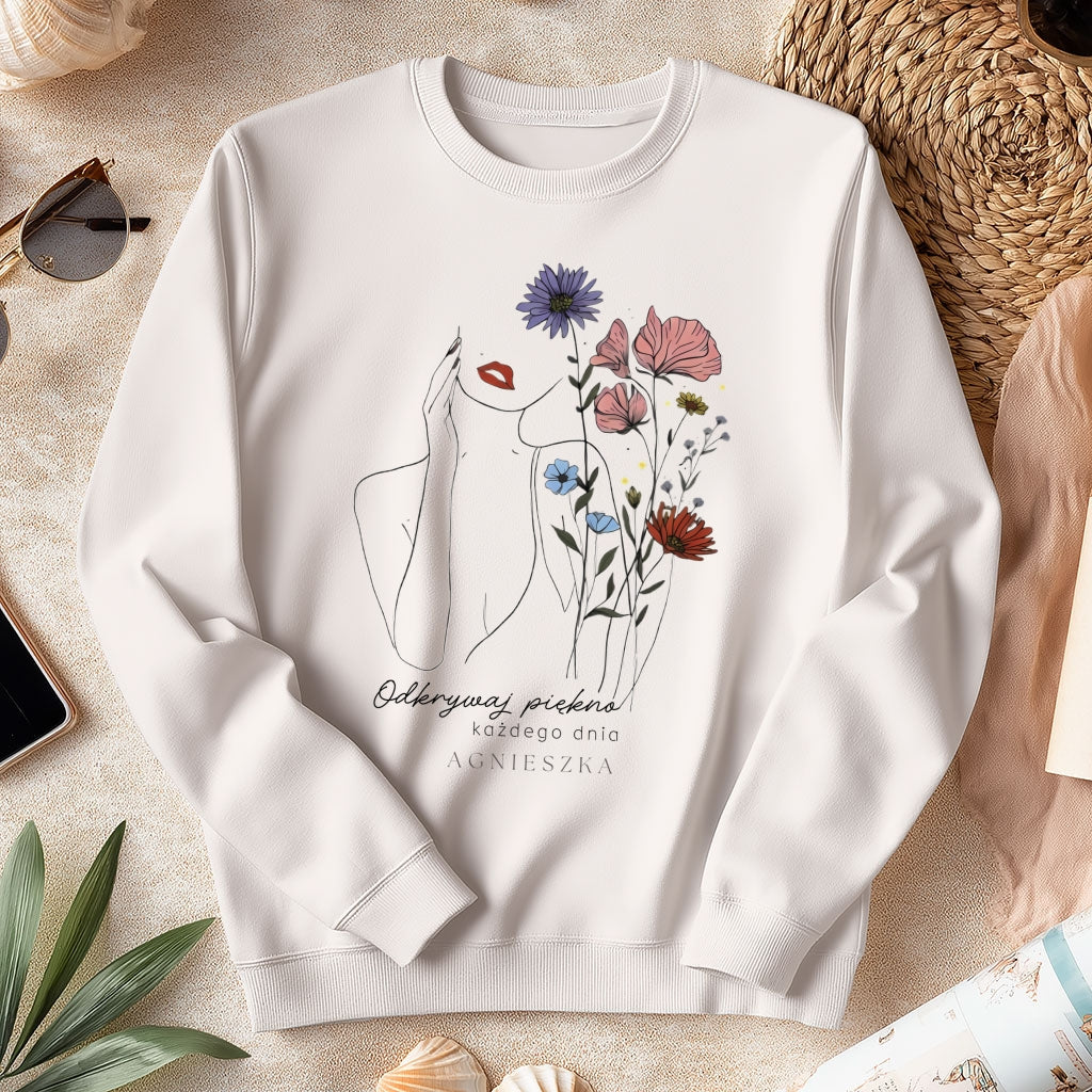 Personalizowana Bluza "Odkrywaj Piękno" – Twoje Imię, Estetyczny Line Art z Kwiatami, Wyjątkowy Prezent dla Niej