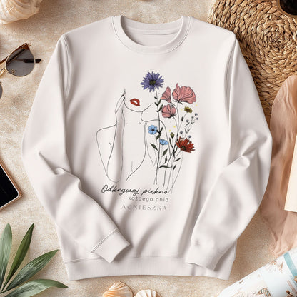 Personalizowana Bluza "Odkrywaj Piękno" – Twoje Imię, Estetyczny Line Art z Kwiatami, Wyjątkowy Prezent dla Niej