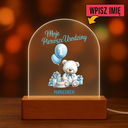 Personalizowana Lampka LED z Misiem Na 1. Urodziny – z Imieniem Dziecka – Idealny Prezent Dla Chłopca Lub Dziewczynki