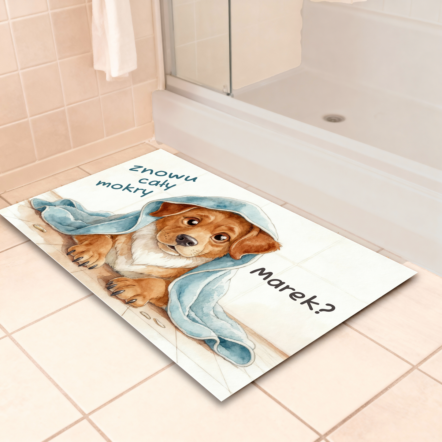 Personalizowany dywanik łazienkowy z psem 🐾 „Znowu cały mokry?” – śmieszna mata z imieniem, idealna dla właścicieli pupili