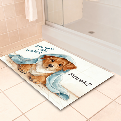 Personalizowany dywanik łazienkowy z psem 🐾 „Znowu cały mokry?” – śmieszna mata z imieniem, idealna dla właścicieli pupili