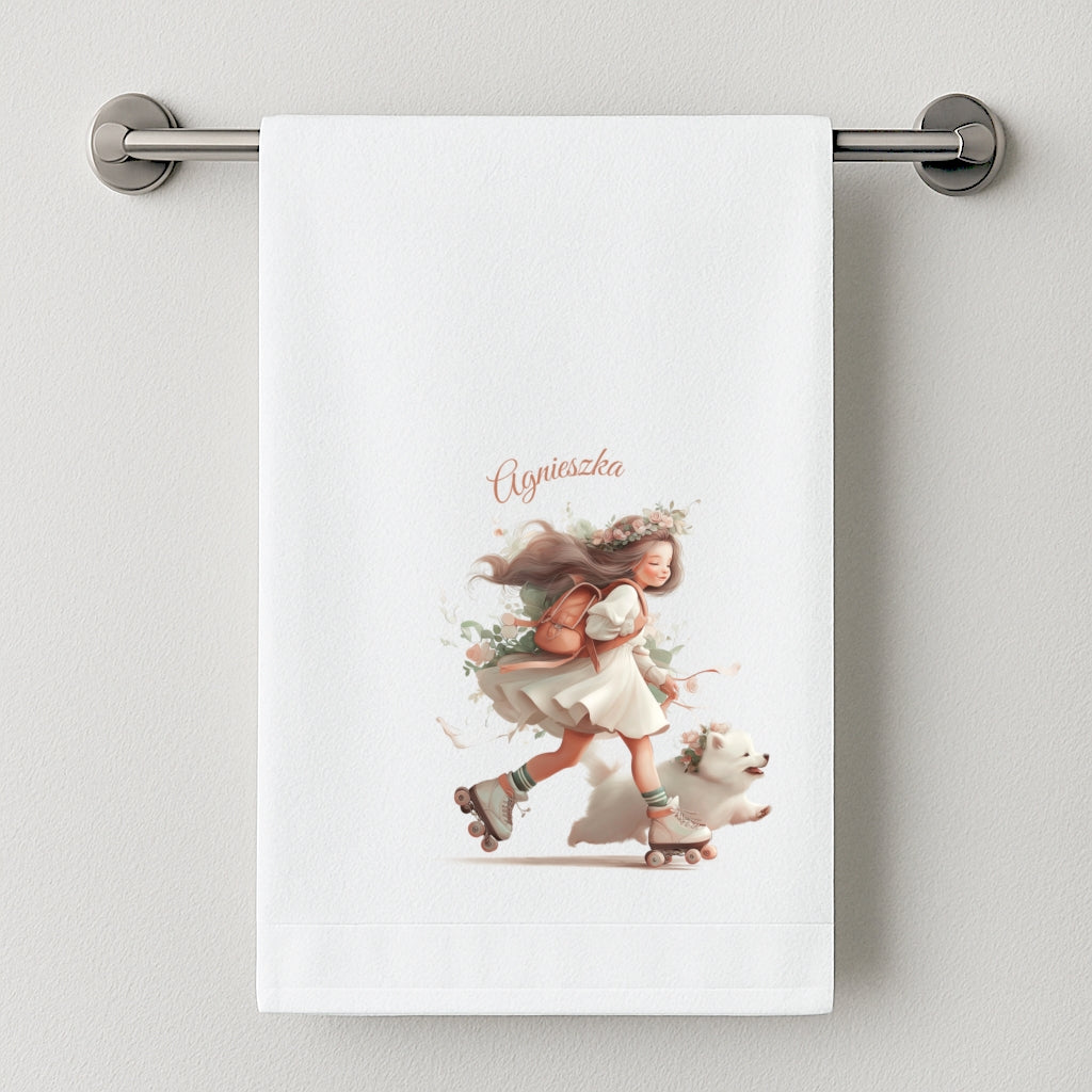 Spersonalizowany Ręcznik z Dziewczynką na Rolkach – Prezent z Imieniem dla Twojego Dziecka