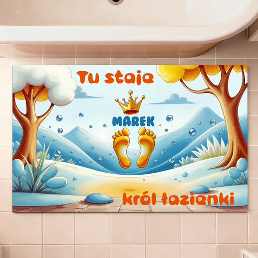 Personalizowany dywanik łazienkowy „Tu staje król łazienki” z imieniem - mata z zabawnymi stopami, idealna dla dzieci