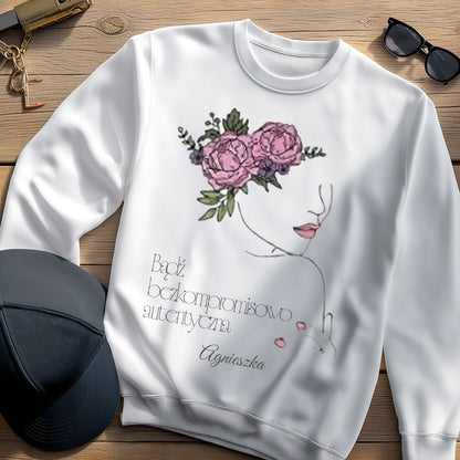 Personalizowana Bluza "Bezkompromisowo Autentyczna" – Twoje Imię, Minimalistyczny Design Line Art, Wyjątkowy Prezent dla Niej