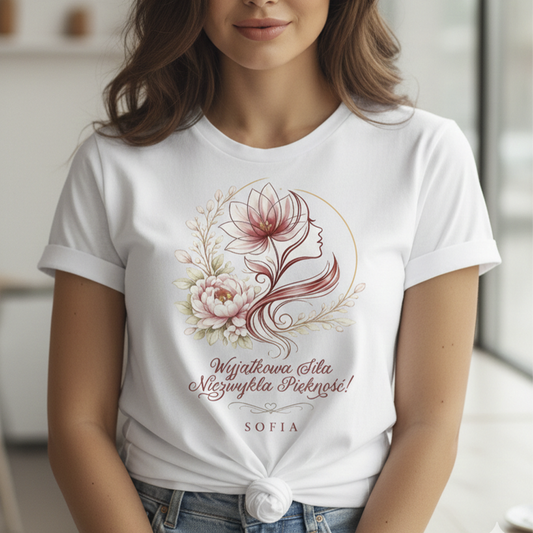 Personalizowana koszulka "Wyjątkowa Siła, Niezwykłe Piękno” z imieniem – koszulka dla kobiety – elegancki prezent dla niej