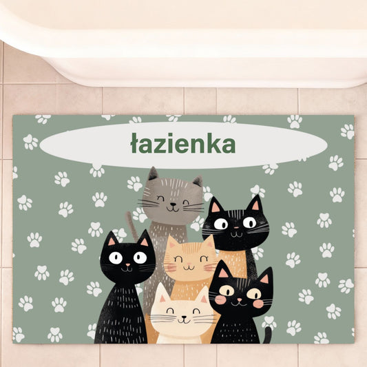 Mata łazienkowa z kotami i napisem, Personalizowany dywanik „łazienka” lub imię, Idealna do domu i dla dzieci