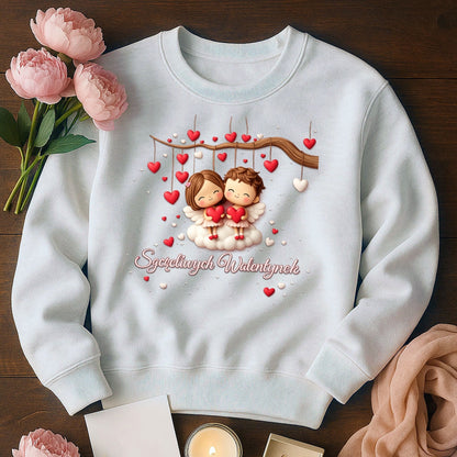 Szczęśliwe Walentynki – romantyczny wzór z zakochaną parą i sercami, Prezent na Walentynki dla niej i dla niego
