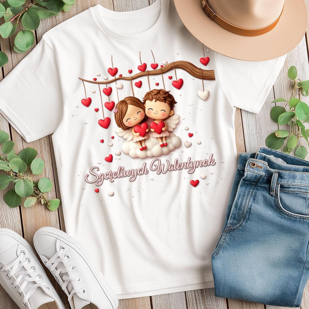 Szczęśliwe Walentynki – romantyczny wzór z zakochaną parą i sercami, Prezent na Walentynki dla niej i dla niego