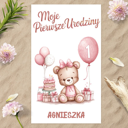 Spersonalizowany Ręcznik na Urodziny Dziecka – Misia z Balonikiem i Tortem