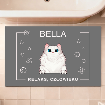 Dywanik łazienkowy z kotem i imieniem 🐾 Personalizowana mata „Relaks, człowieku” – prezent dla właściciela pupila