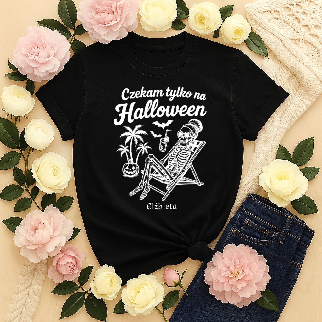 Koszulka Halloween „Czekam tylko na Halloween” – szkieleton chillout Unisex