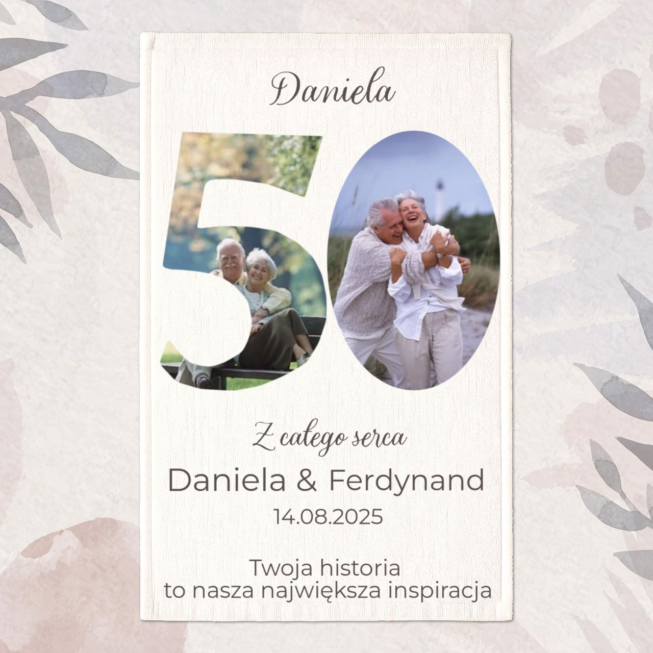 Ręcznik personalizowany ze zdjęciem, imionami i datą – prezent na 50. rocznicę ślubu.