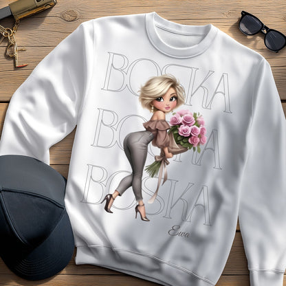 Personalizowana Bluza "BOSKA" – Twoje Imię, Wyjątkowy Prezent dla Niej, Stylowy Design z Kwiatami
