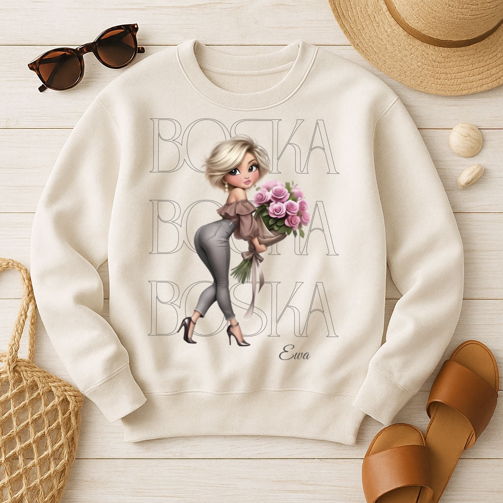Personalizowana Bluza "BOSKA" – Twoje Imię, Wyjątkowy Prezent dla Niej, Stylowy Design z Kwiatami