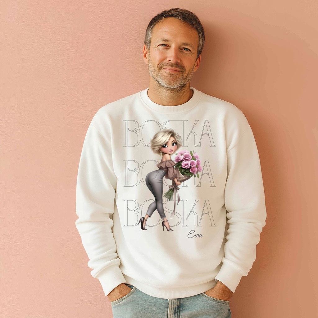 Personalizowana Bluza "BOSKA" – Twoje Imię, Wyjątkowy Prezent dla Niej, Stylowy Design z Kwiatami