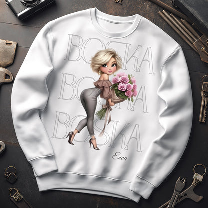 Personalizowana Bluza "BOSKA" – Twoje Imię, Wyjątkowy Prezent dla Niej, Stylowy Design z Kwiatami