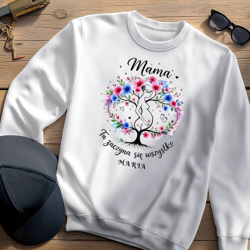 Personalizowana koszulka dla przyszłej Mamy „Mama – Tu zaczyna się wszystko” z imieniem – prezent dla kobiety w ciąży