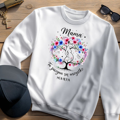 Personalizowana koszulka dla przyszłej Mamy „Mama – Tu zaczyna się wszystko” z imieniem – prezent dla kobiety w ciąży