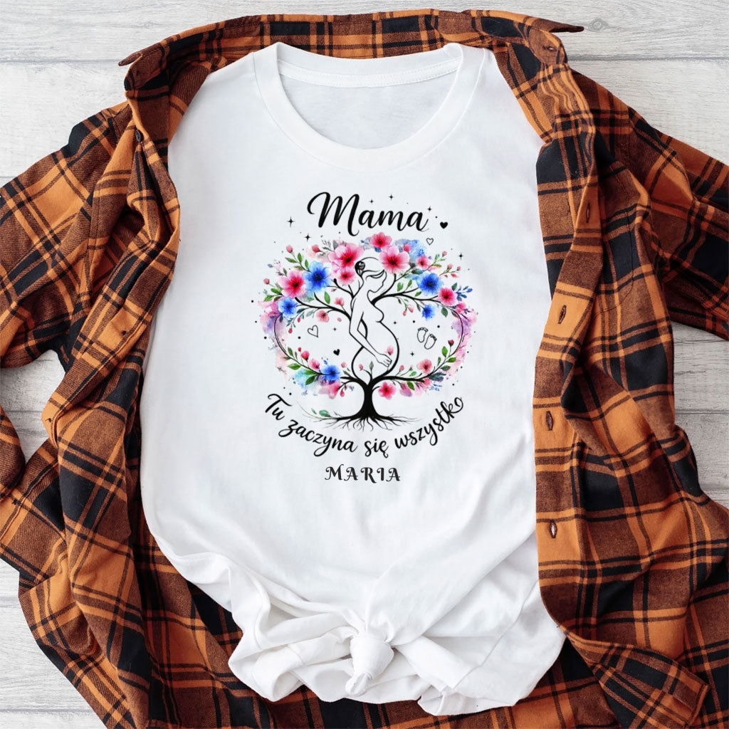 Personalizowana koszulka dla przyszłej Mamy „Mama – Tu zaczyna się wszystko” z imieniem – prezent dla kobiety w ciąży