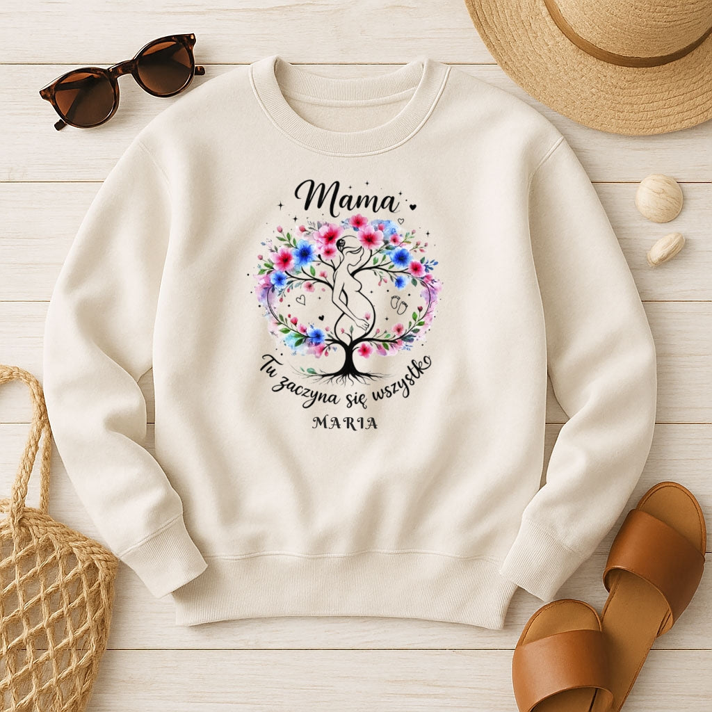 Personalizowana koszulka dla przyszłej Mamy „Mama – Tu zaczyna się wszystko” z imieniem – prezent dla kobiety w ciąży