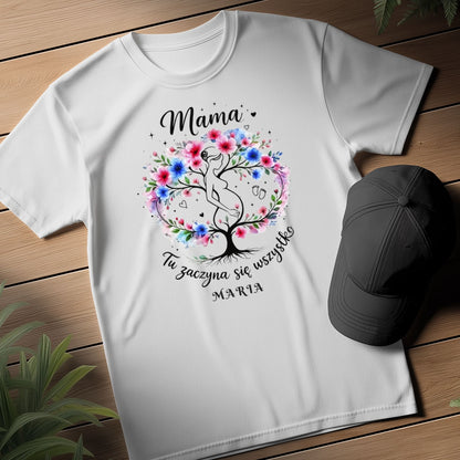 Personalizowana koszulka dla przyszłej Mamy „Mama – Tu zaczyna się wszystko” z imieniem – prezent dla kobiety w ciąży