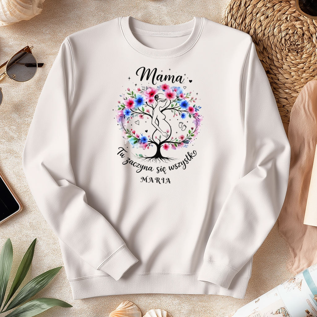 Personalizowana koszulka dla przyszłej Mamy „Mama – Tu zaczyna się wszystko” z imieniem – prezent dla kobiety w ciąży