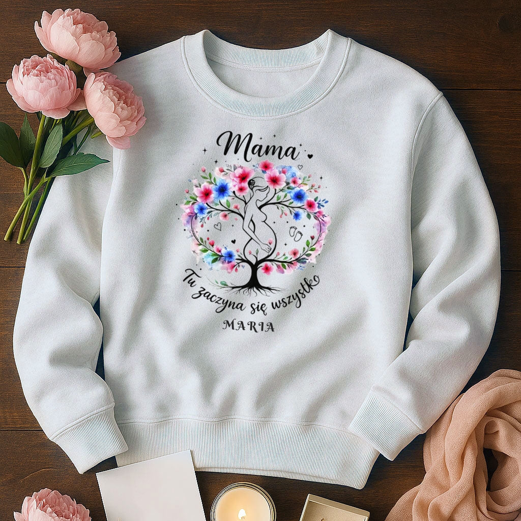 Personalizowana koszulka dla przyszłej Mamy „Mama – Tu zaczyna się wszystko” z imieniem – prezent dla kobiety w ciąży