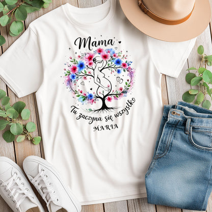 Personalizowana koszulka dla przyszłej Mamy „Mama – Tu zaczyna się wszystko” z imieniem – prezent dla kobiety w ciąży