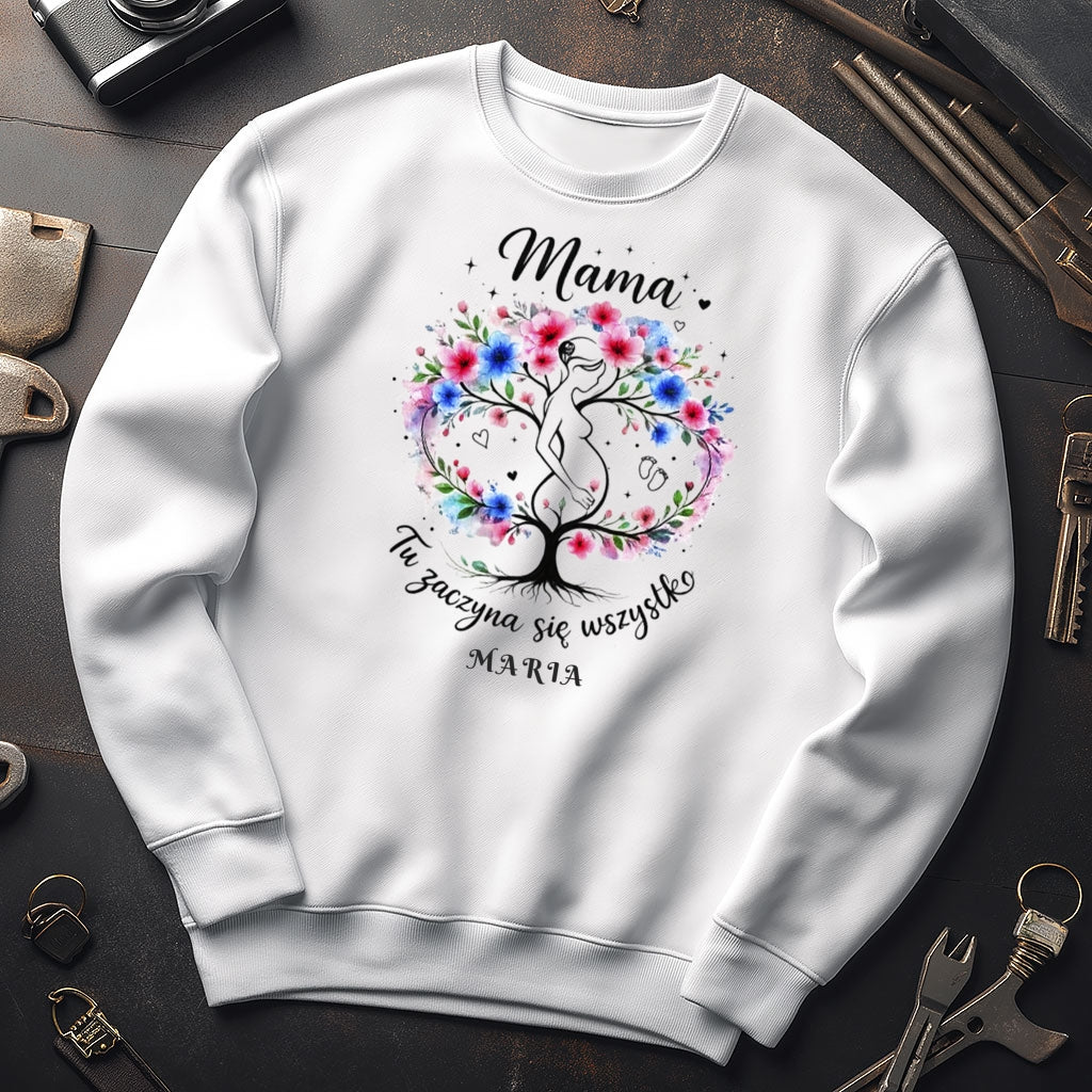 Personalizowana koszulka dla przyszłej Mamy „Mama – Tu zaczyna się wszystko” z imieniem – prezent dla kobiety w ciąży