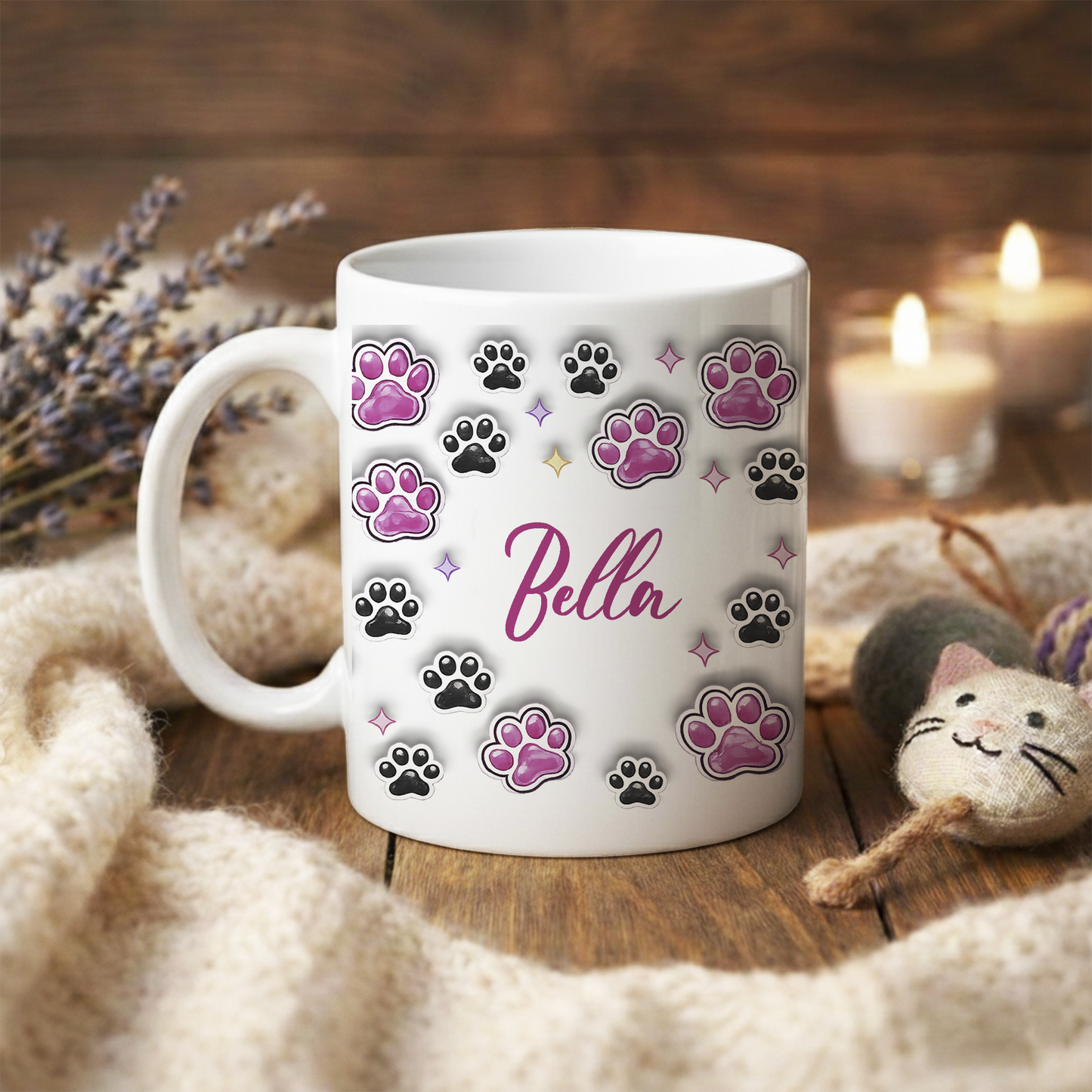 Personalizowany Kubek dla Kociary – Różowe Kocie Łapki z Efektem 3D, Dodaj Imię! 🐾