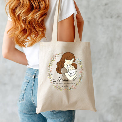 Personalizowana torba dla Mamy „Mama – Tu zaczyna się wszystko” – eko shopper z imieniem – prezent na Dzień Matki