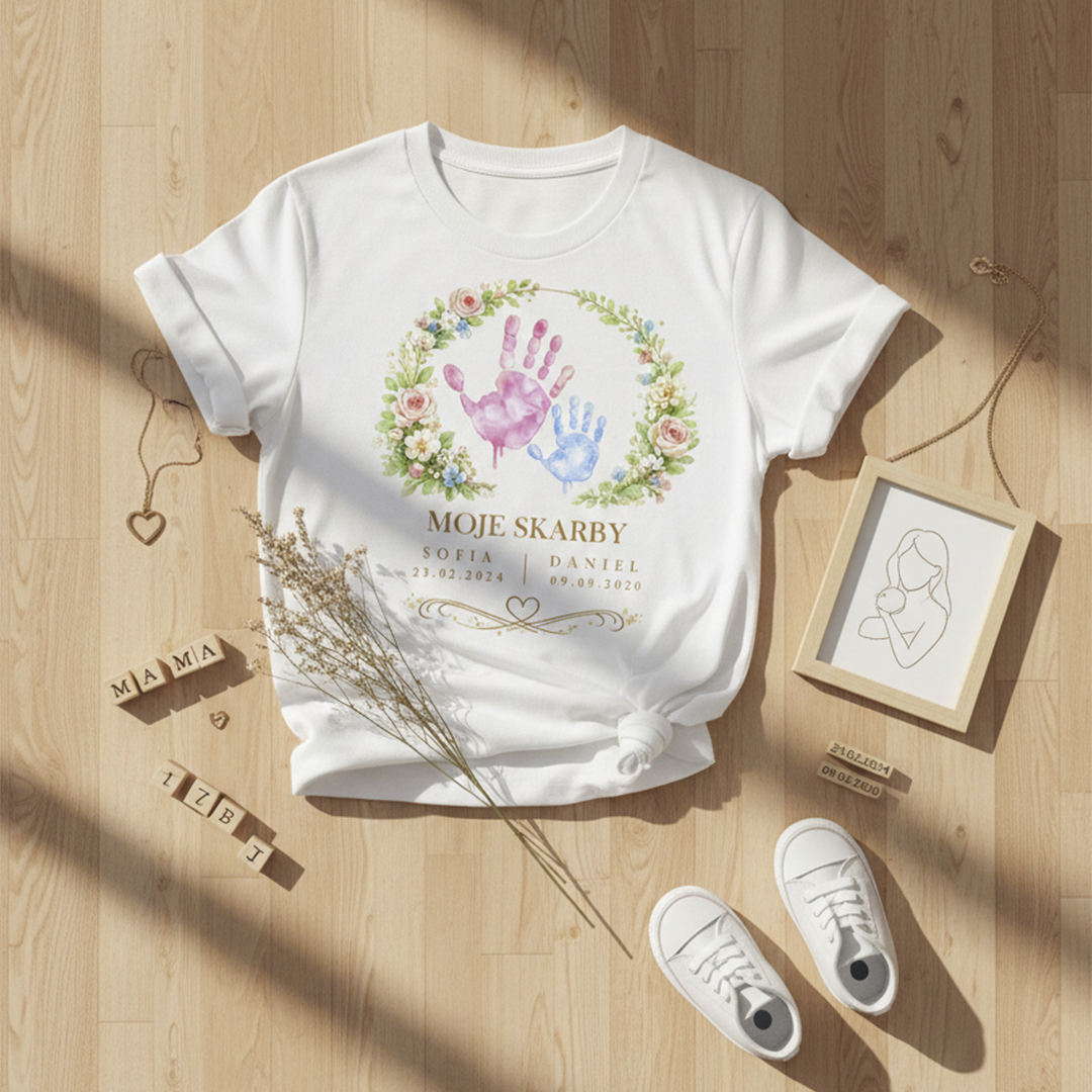 Personalizowana koszulka dla Mamy „Moje Skarby” z imionami i datą urodzenia – odcisk dłoni dziecka – prezent na Dzień Matki