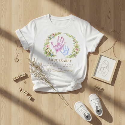 Personalizowana koszulka dla Mamy „Moje Skarby” z imionami i datą urodzenia – odcisk dłoni dziecka – prezent na Dzień Matki