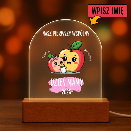 Personalizowana lampka LED na Dzień Mamy 2025 z imieniem dziecka i motywem jabłka
