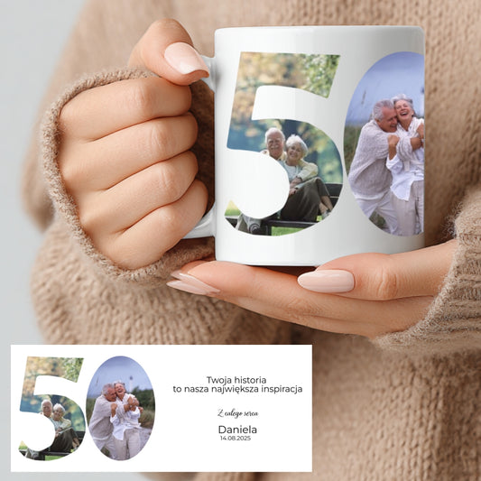 Kubek personalizowany ze zdjęciem i imionami – prezent na 50. rocznicę ślubu.