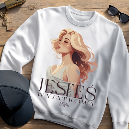 Bluza „Jesteś Wyjątkowa” z imieniem – personalizowana damska koszulka  – prezent dla kobiety