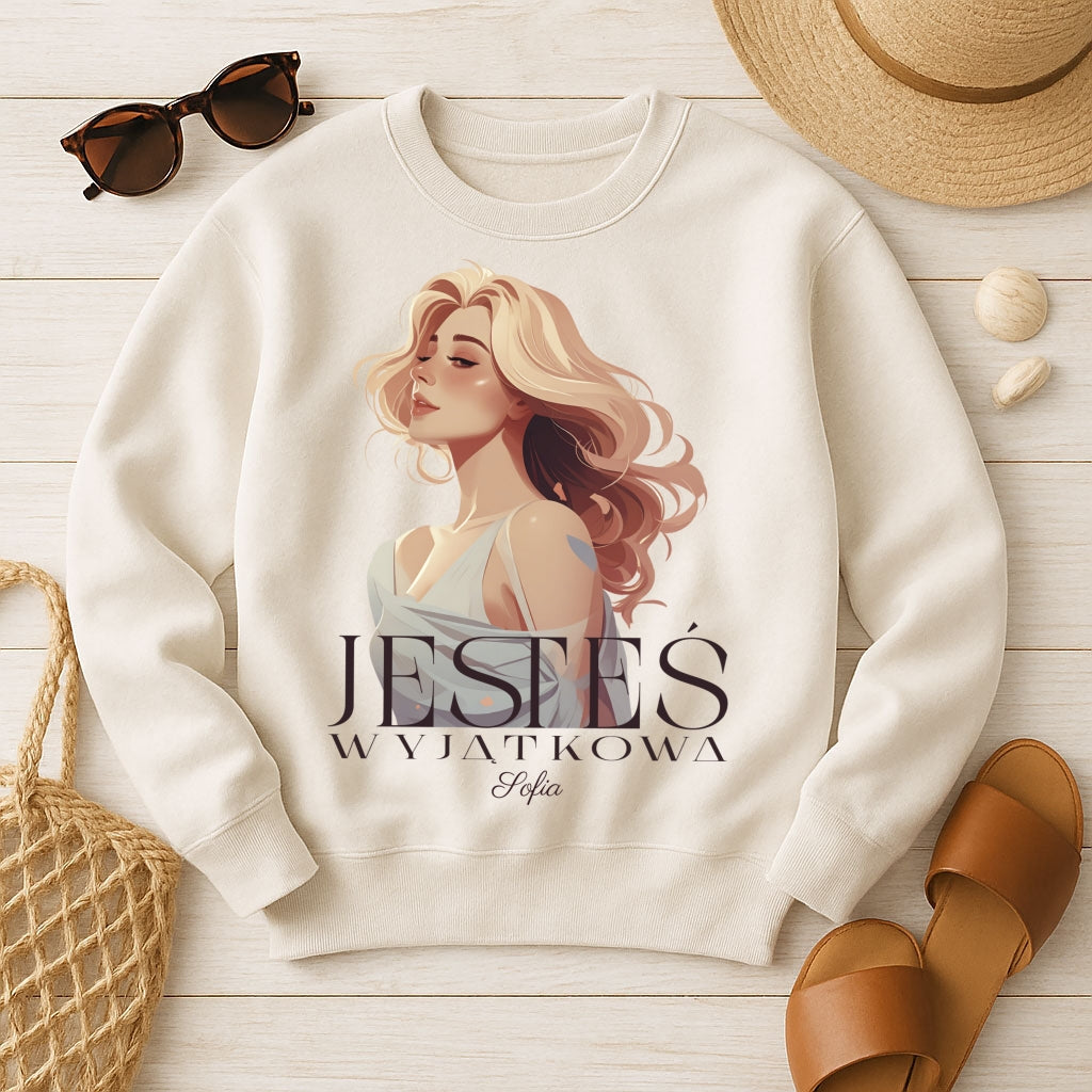 Bluza „Jesteś Wyjątkowa” z imieniem – personalizowana damska koszulka  – prezent dla kobiety