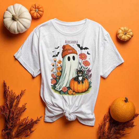 Koszulka Unisex „Kocie Halloween” – personalizowana koszulka z duszkiem i kotem