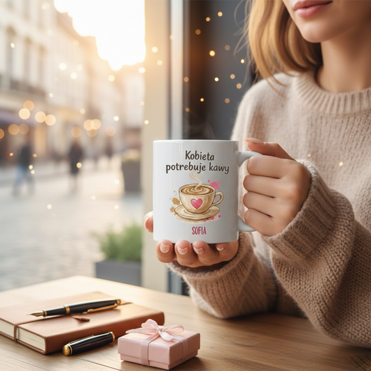 Personalizowany kubek „Kobieta potrzebuje kawy” z imieniem – prezent dla niej – kubek dla miłośniczki kawy 330 ml