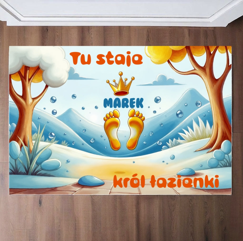 Personalizowany dywanik łazienkowy „Tu staje król łazienki” z imieniem - mata z zabawnymi stopami, idealna dla dzieci
