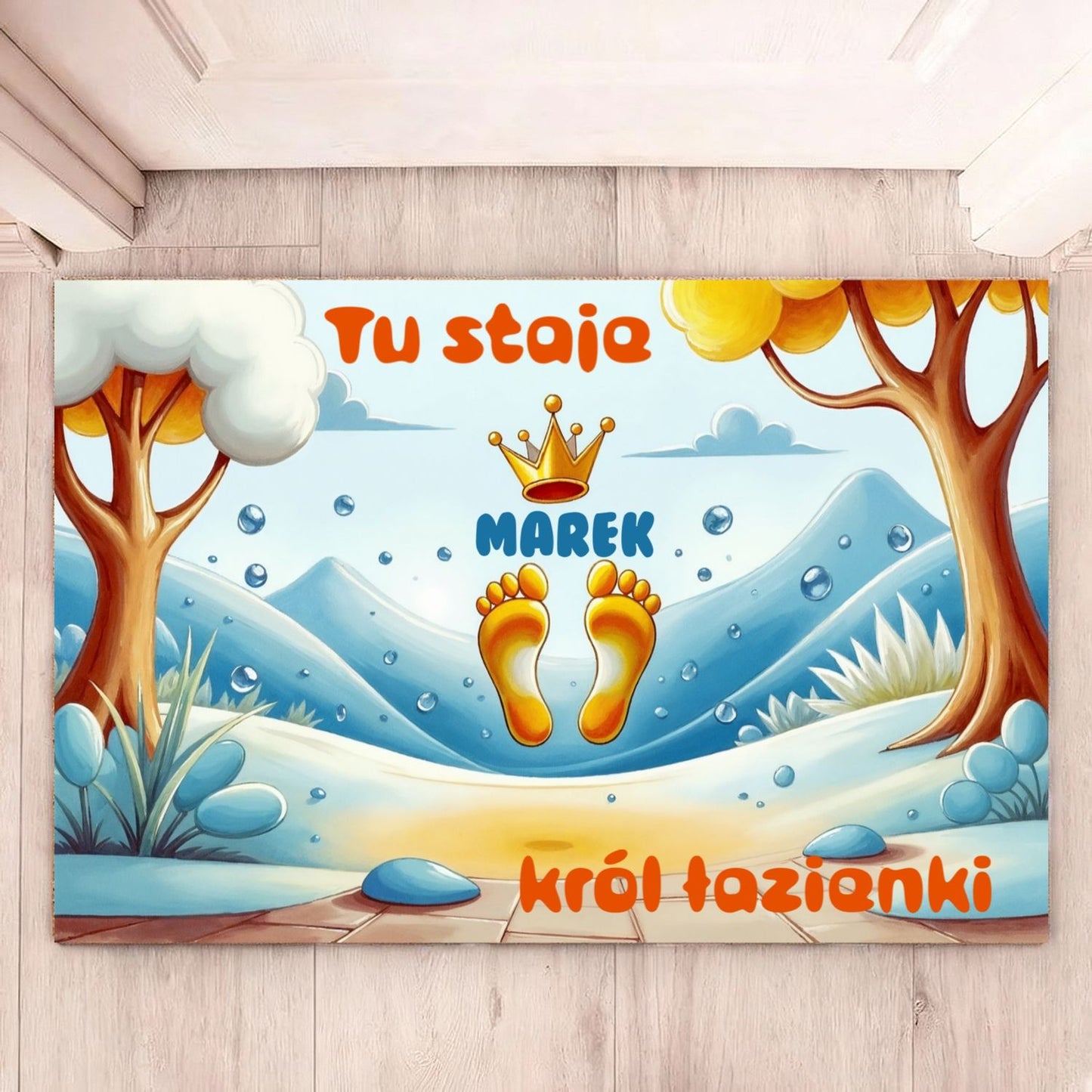 Personalizowany dywanik łazienkowy „Tu staje król łazienki” z imieniem - mata z zabawnymi stopami, idealna dla dzieci