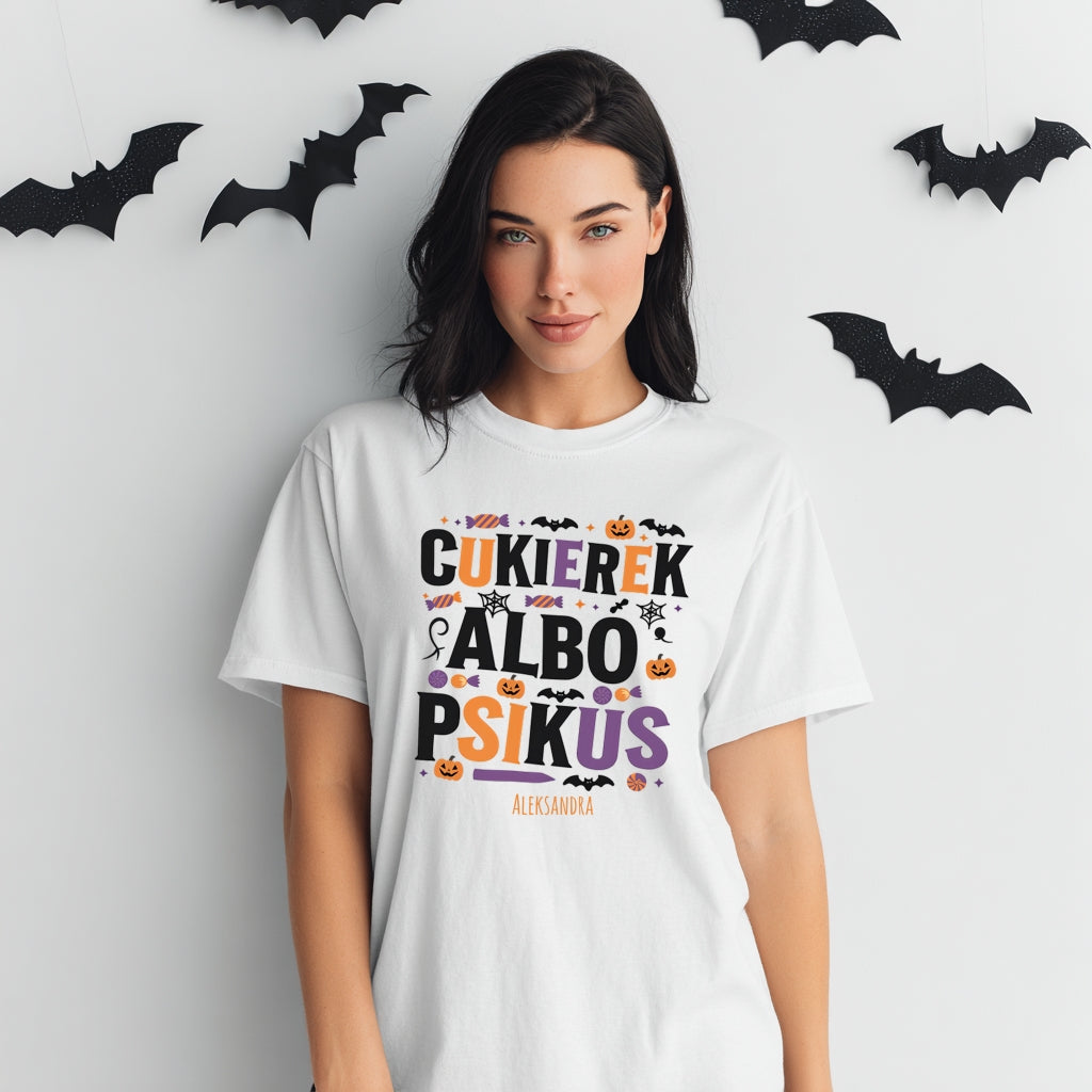 Koszulka Halloween „Cukierek albo Psikus” – personalizowana koszulka Unisex