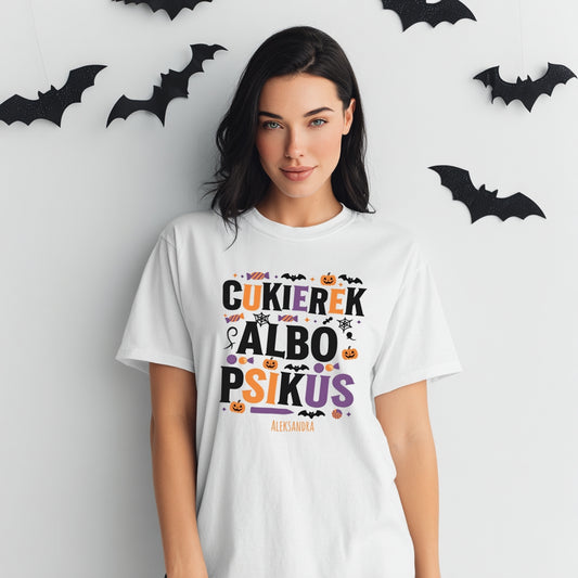 Koszulka Halloween „Cukierek albo Psikus” – personalizowana koszulka Unisex